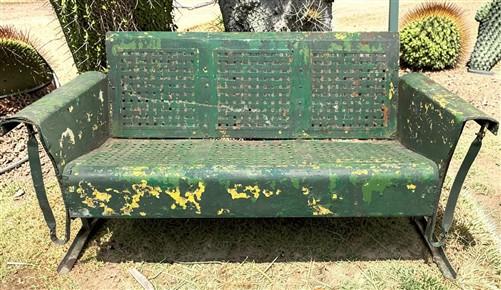 Glider - Metal Porch Glider Bench, Vintage Garden Patio Seat, Green Chippy Paint, Outdoor by The Old Grainery (antique, ga...
