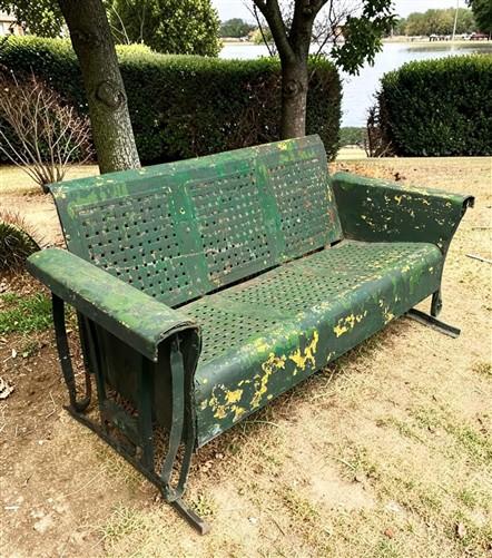 Glider - Metal Porch Glider Bench, Vintage Garden Patio Seat, Green Chippy Paint, Outdoor by The Old Grainery (antique, ga...