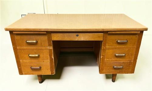 Desk - 54" Wood Desk, Vintage Mid-Century Double Pedestal 6 Drawer Home Office Desk by The Old Grainery (antique desk, com...