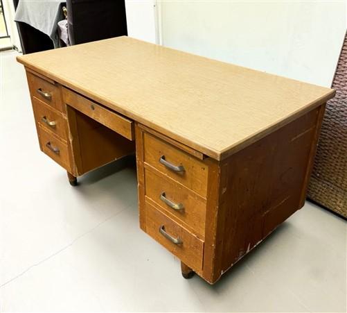 Desk - 54" Wood Desk, Vintage Mid-Century Double Pedestal 6 Drawer Home Office Desk by The Old Grainery (antique desk, com...