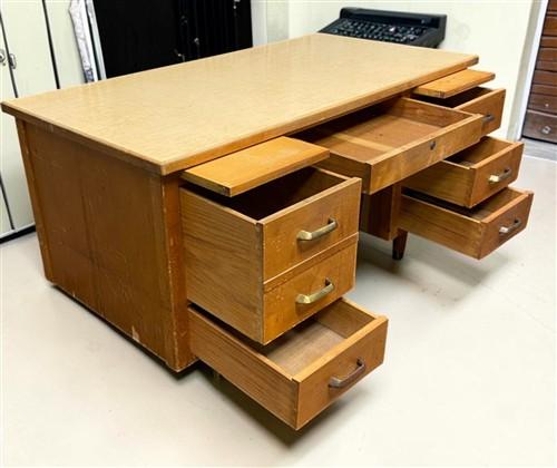 Desk - 54" Wood Desk, Vintage Mid-Century Double Pedestal 6 Drawer Home Office Desk by The Old Grainery (antique desk, com...