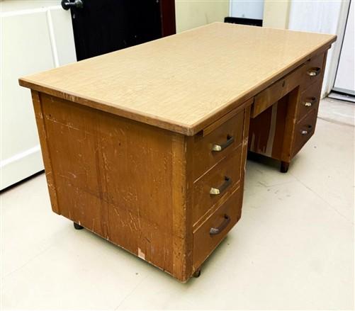 Desk - 54" Wood Desk, Vintage Mid-Century Double Pedestal 6 Drawer Home Office Desk by The Old Grainery (antique desk, com...