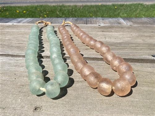 Home Goods - Blue Pink Recycled Glass Beads African Trade Beads, Sea Glass Style, 2 Strands by The Old Grainery (African,...