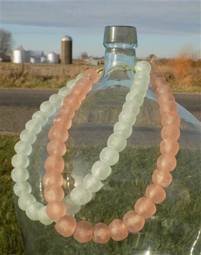 Blue Pink Recycled Glass Beads African Trade Beads, Sea Glass Style, 2 Strands