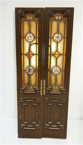 Stained Glass Double Doors (31.5x79.5) Carved Wood, Leaded Architectural Pair