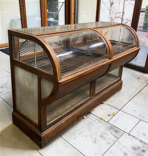 Antique Furniture - Oak Curved Glass Display Case, Vintage Humidor, Cigar Store Counter, Travis Club by The Old Grainery (...