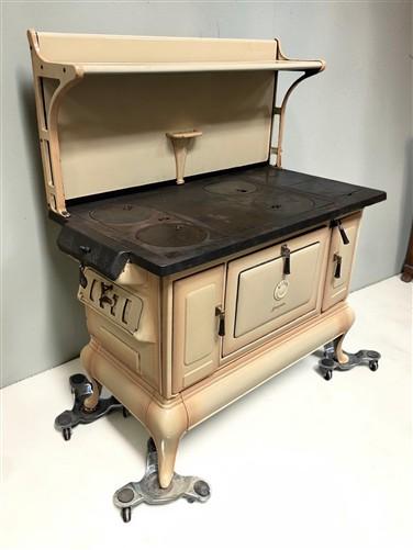 Wood Burning Stove - Monogram Cast Iron Wood Cook Stove, Cream Enamel, Top Shelf, Vintage Cook Range by The Old Grainery (...