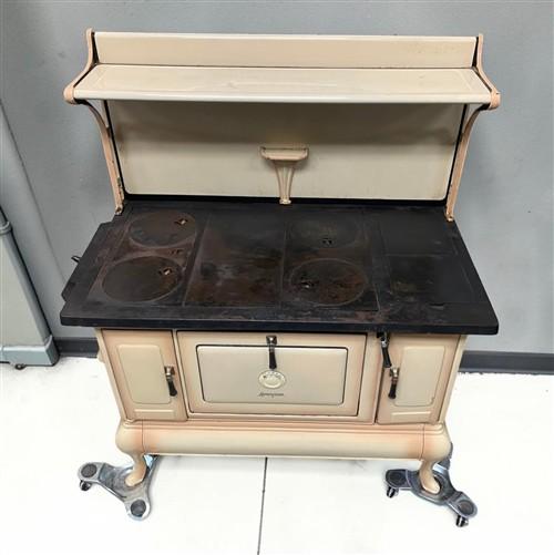 Wood Burning Stove - Monogram Cast Iron Wood Cook Stove, Cream Enamel, Top Shelf, Vintage Cook Range by The Old Grainery (...