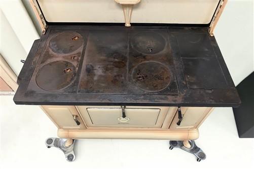 Wood Burning Stove - Monogram Cast Iron Wood Cook Stove, Cream Enamel, Top Shelf, Vintage Cook Range by The Old Grainery (...