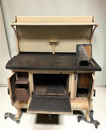 Wood Burning Stove - Monogram Cast Iron Wood Cook Stove, Cream Enamel, Top Shelf, Vintage Cook Range by The Old Grainery (...