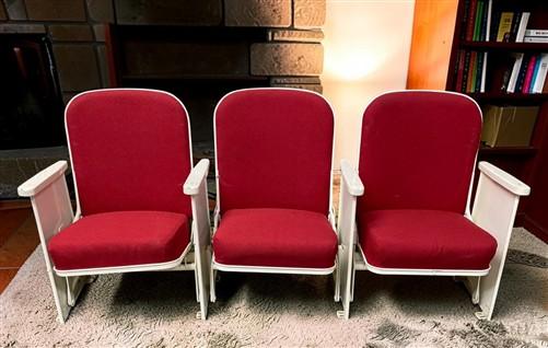 Theater Seats - 3 Theater Seats, Vintage Red Upholstered Tip-Up Cinema Auditorium Seating, A5 by The Old Grainery (auditor...