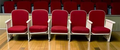 Theater Seats - 5 Theater Seats, Vintage Red Upholstered Tip-Up Cinema Auditorium Seating, A17 by The Old Grainery (audito...