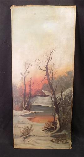 Art & Collectibles > Painting > Oil - 1900s American Folk Art Landscape Paint on Canvas, Original Art Winter Scene, B by T...