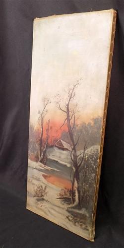 Art & Collectibles > Painting > Oil - 1900s American Folk Art Landscape Paint on Canvas, Original Art Winter Scene, B by T...