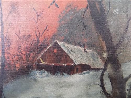Art & Collectibles > Painting > Oil - 1900s American Folk Art Landscape Paint on Canvas, Original Art Winter Scene, B by T...