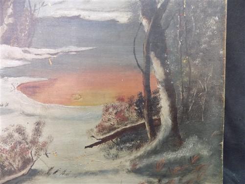 Art & Collectibles > Painting > Oil - 1900s American Folk Art Landscape Paint on Canvas, Original Art Winter Scene, B by T...