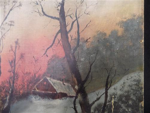 Art & Collectibles > Painting > Oil - 1900s American Folk Art Landscape Paint on Canvas, Original Art Winter Scene, B by T...