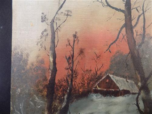 Art & Collectibles > Painting > Oil - 1900s American Folk Art Landscape Paint on Canvas, Original Art Winter Scene, B by T...