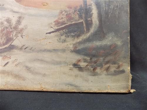 Art & Collectibles > Painting > Oil - 1900s American Folk Art Landscape Paint on Canvas, Original Art Winter Scene, B by T...