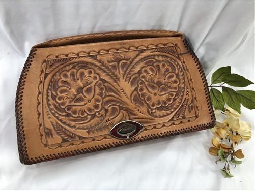 leather purse - Jo O Kay 60s 70s Hand Tooled Leather Floral Clutch Purse Handbag Vintage Bag by The Old Grainery (1960s 70...