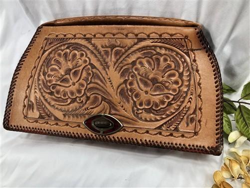 leather purse - Jo O Kay 60s 70s Hand Tooled Leather Floral Clutch Purse Handbag Vintage Bag by The Old Grainery (1960s 70...