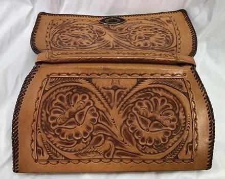 leather purse - Jo O Kay 60s 70s Hand Tooled Leather Floral Clutch Purse Handbag Vintage Bag by The Old Grainery (1960s 70...
