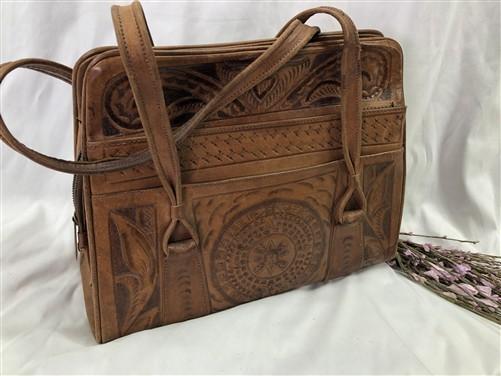 leather bag - Mexican Aztec Sun Calendar Hand Tooled Leather Purse Handbag Satchel Vintage Bag by The Old Grainery (aztec,...