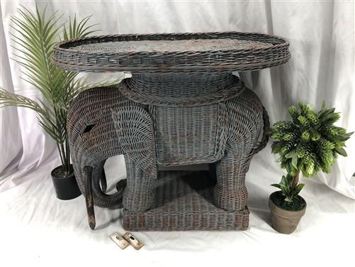 Wicker Elephant End Side Table, Vintage Braided Rattan Plant Stand Boho Chic A