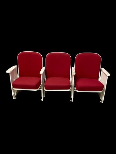 3 Theater Seats, Vintage Red Upholstered Tip-Up Cinema Auditorium Seating, A48