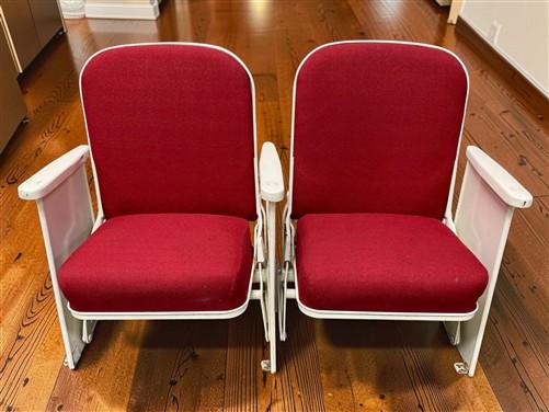 2 Theater Seats, Vintage Red Upholstered Tip-Up Cinema Auditorium Seating, A47