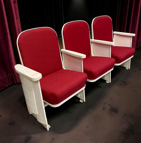 3 Theater Seats, Vintage Red Upholstered Tip-Up Cinema Auditorium Seating, A50
