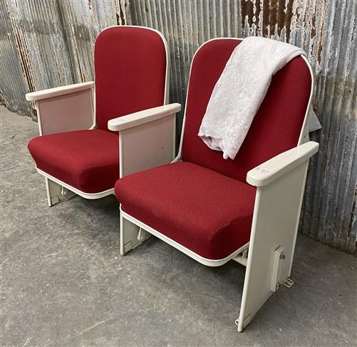 2 Theater Seats, Vintage Red Upholstered Tip-Up Cinema Auditorium Seating, A51
