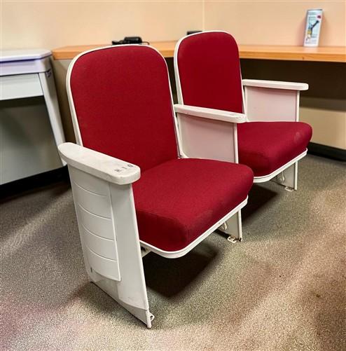 2 Theater Seats, Vintage Red Upholstered Tip-Up Cinema Auditorium Seating, A52