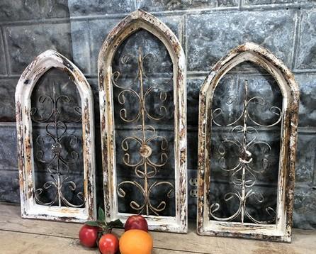 3 Arched Wood Metal Gothic Wall Decor, Vintage Farmhouse Style, Window Frames B