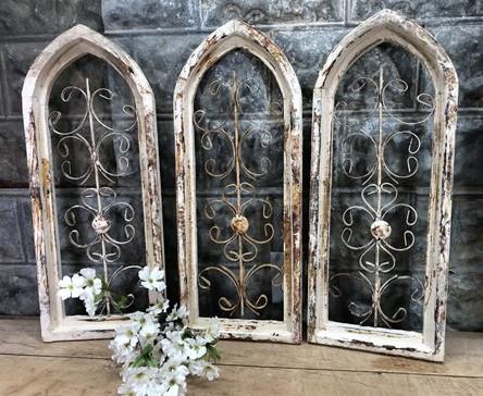 3 Arched Wood Metal Gothic Wall Decor, Vintage Farmhouse Style, Window Frames A
