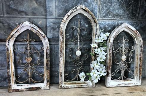 3 Arched Wood Metal Gothic Wall Decor, Vintage Farmhouse Style, Window Frames C