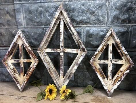 Set 3 Diamond Wood Window Frames, Distressed Farmhouse Decor, Antique Inspired C