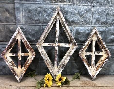 Set 3 Diamond Wood Window Frames, Distressed Farmhouse Decor, Antique Inspired C
