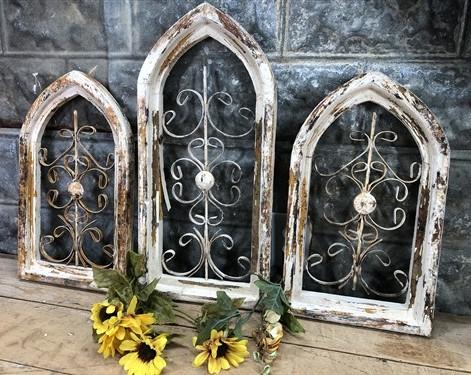 3 Arched Wood Metal Gothic Wall Decor, Vintage Farmhouse Style, Window Frames D