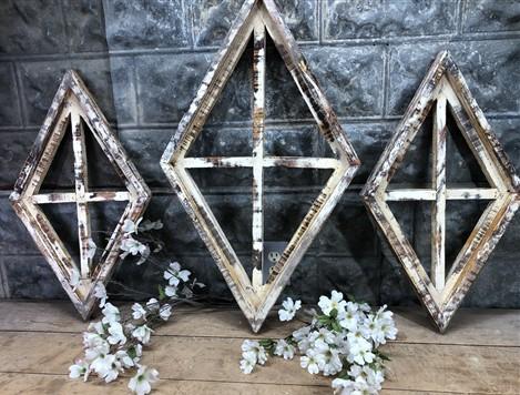 Set 3 Diamond Wood Window Frames, Distressed Farmhouse Decor, Antique Inspired B