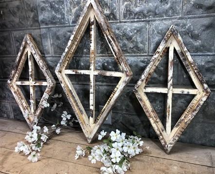 Set 3 Diamond Wood Window Frames, Distressed Farmhouse Decor, Antique Inspired B