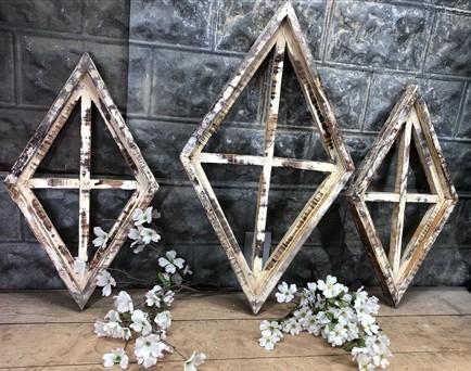 Set 3 Diamond Wood Window Frames, Distressed Farmhouse Decor, Antique Inspired B