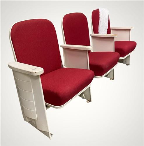 3 Theater Seats, Vintage Red Upholstered Tip-Up Cinema Auditorium Seating, A54