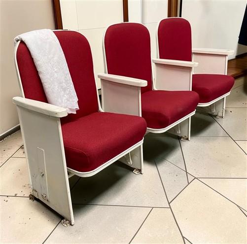 3 Theater Seats, Vintage Red Upholstered Tip-Up Cinema Auditorium Seating, A56