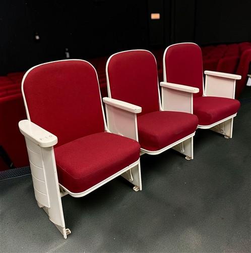 3 Theater Seats, Vintage Red Upholstered Tip-Up Cinema Auditorium Seating, A57