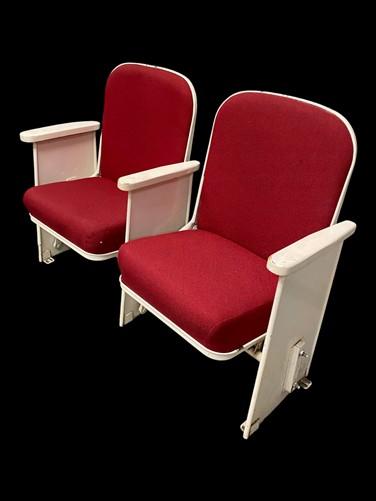 2 Theater Seats, Vintage Red Upholstered Tip-Up Cinema Auditorium Seating, A64