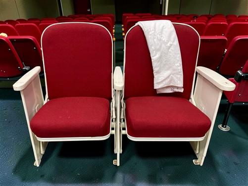 2 Theater Seats, Vintage Red Upholstered Tip-Up Cinema Auditorium Seating, A61
