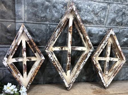 Set 3 Diamond Wood Window Frames, Distressed Farmhouse Decor, Antique Inspired D