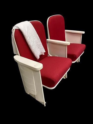 2 Theater Seats, Vintage Red Upholstered Tip-Up Cinema Auditorium Seating, A65