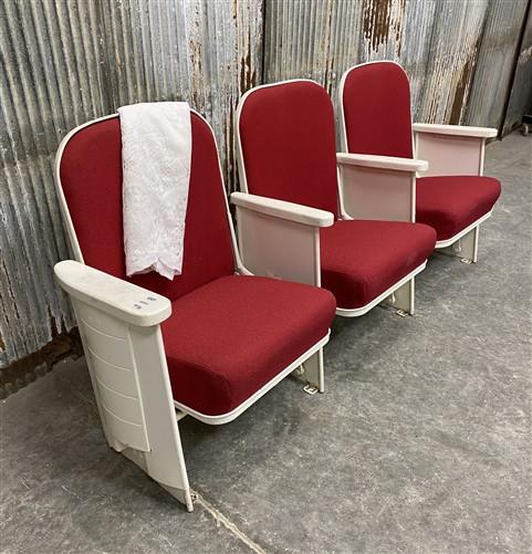 3 Theater Seats, Vintage Red Upholstered Tip-Up Cinema Auditorium Seating, A58